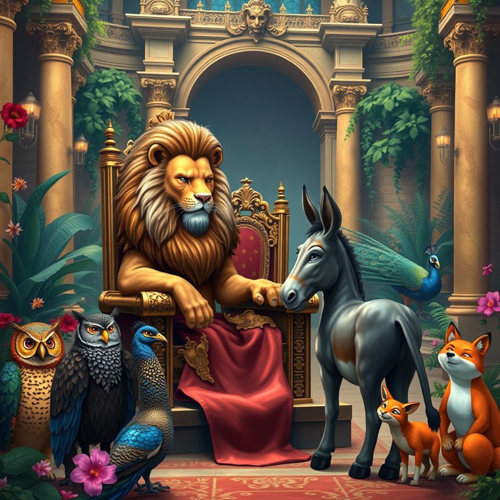 A majestic lion sitting on a throne, representing a king, looking down with a judgmental expression at a humble donkey standing before him