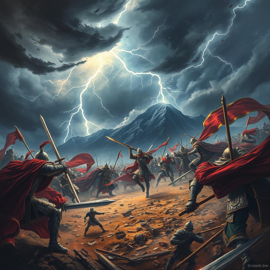 A dramatic and chaotic scene depicting an intense battle between powerful warriors on a massive stormy battlefield
