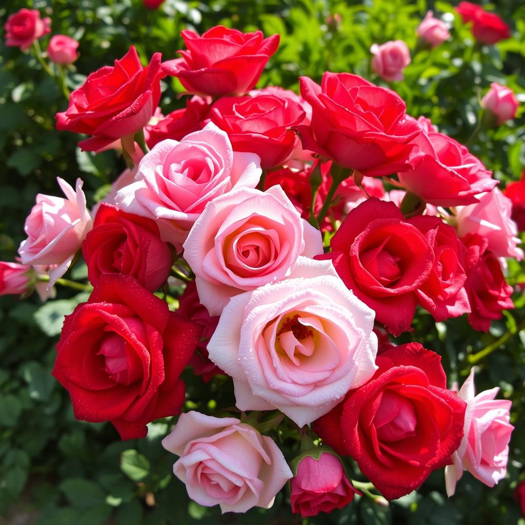 A stunning explosion of roses in various shades of red, pink, and white, each petal shimmering with dew