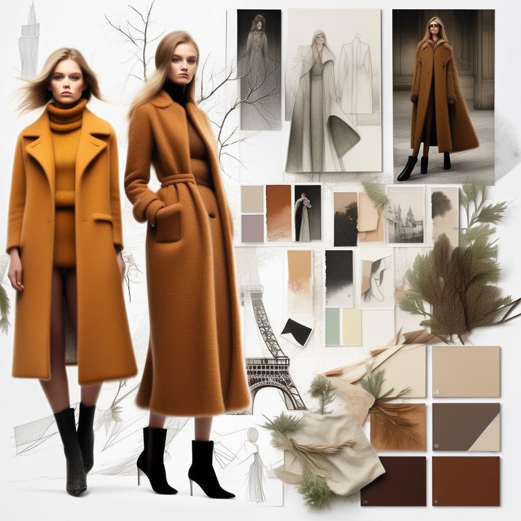 Create a winter mood board for a high-fashion collection inspired by 'Emily in Paris'. Include diverse, sketched models facing the camera, intricate line drawings, sketches, color story and fabric inspiration. The theme should be rich and elegant.