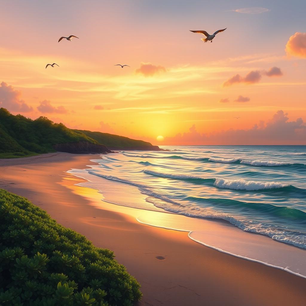 A realistic portrayal of a serene beach at sunset, with gentle waves lapping at the shore