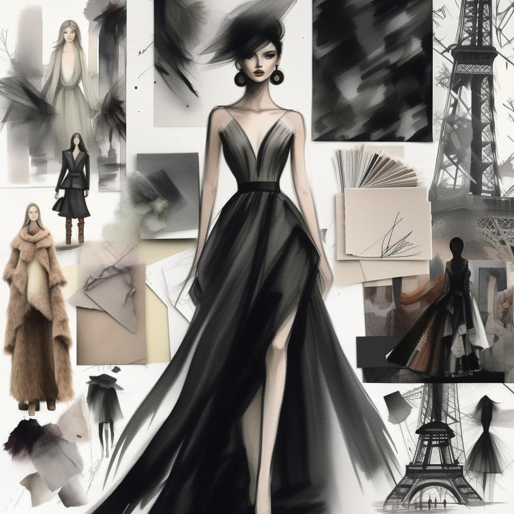 Create a winter mood board for a high-fashion collection inspired by 'Emily in Paris'. Include diverse, sketched models facing the camera, intricate line drawings, sketches, color story and fabric inspiration. The theme should be rich and elegant.