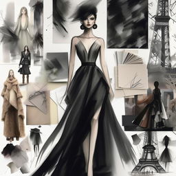 Create a winter mood board for a high-fashion collection inspired by 'Emily in Paris'. Include diverse, sketched models facing the camera, intricate line drawings, sketches, color story and fabric inspiration. The theme should be rich and elegant.