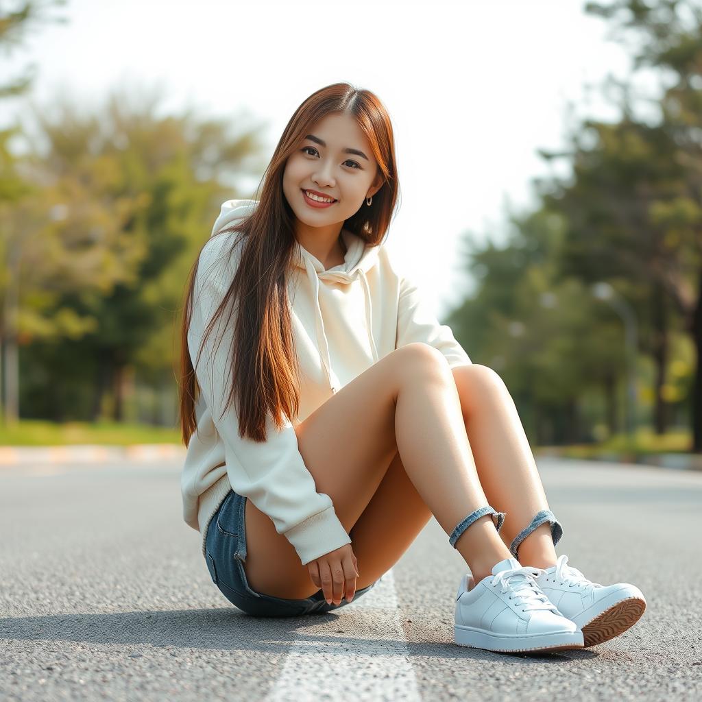 A beautiful Korean woman with long, straight brown hair, wearing a cream-colored hoodie, short denim jeans, and sneakers