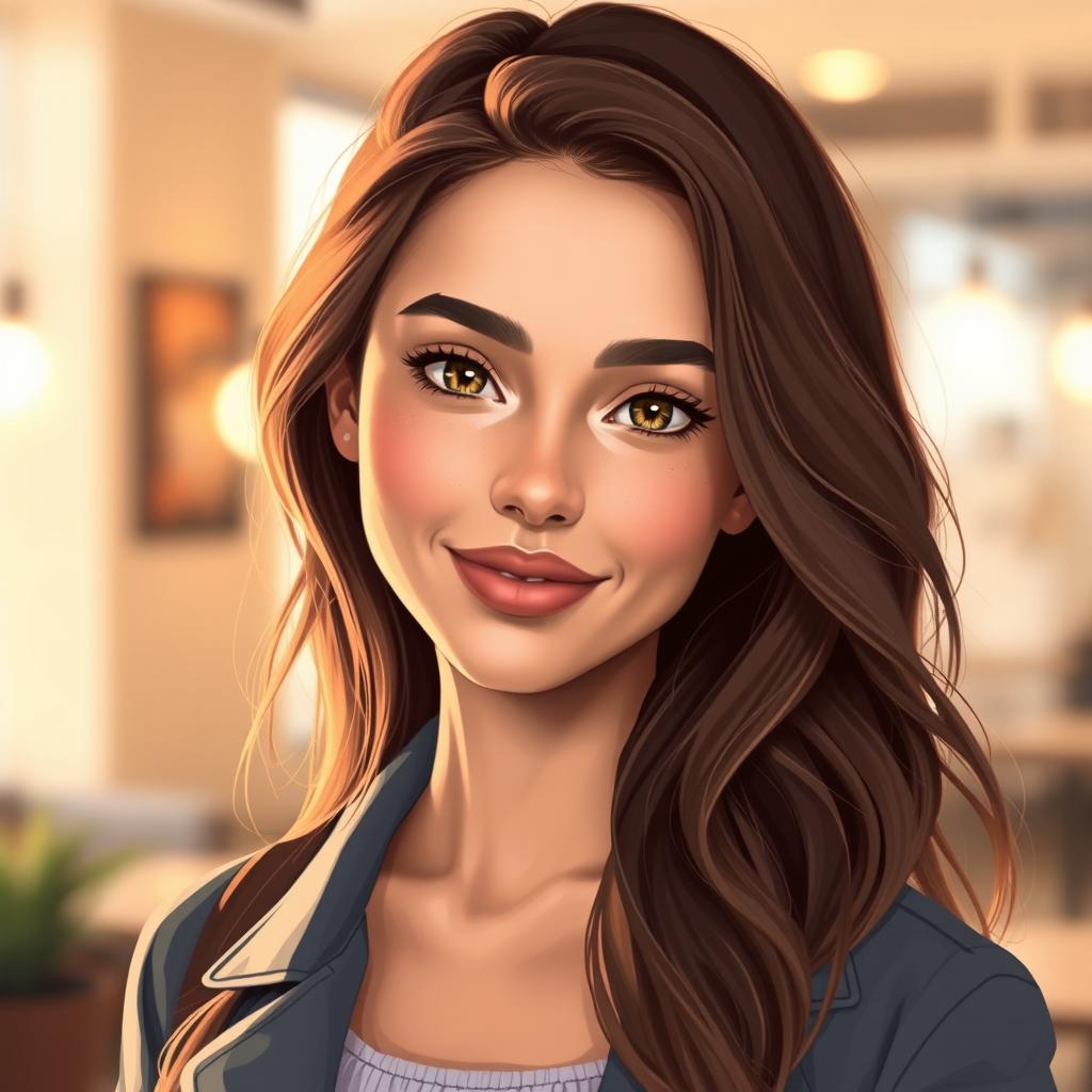 A realistic portrait illustration of a young woman in her 20s, featuring lifelike skin texture, detailed facial features, and bright, expressive eyes