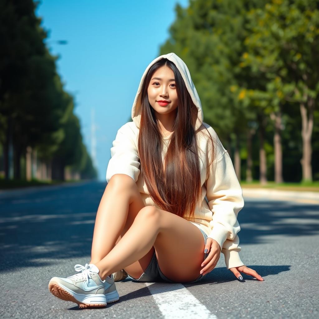 A beautiful Korean woman with long, straight brown hair, wearing a cream-colored hoodie with the hood up, paired with shorts and sneakers