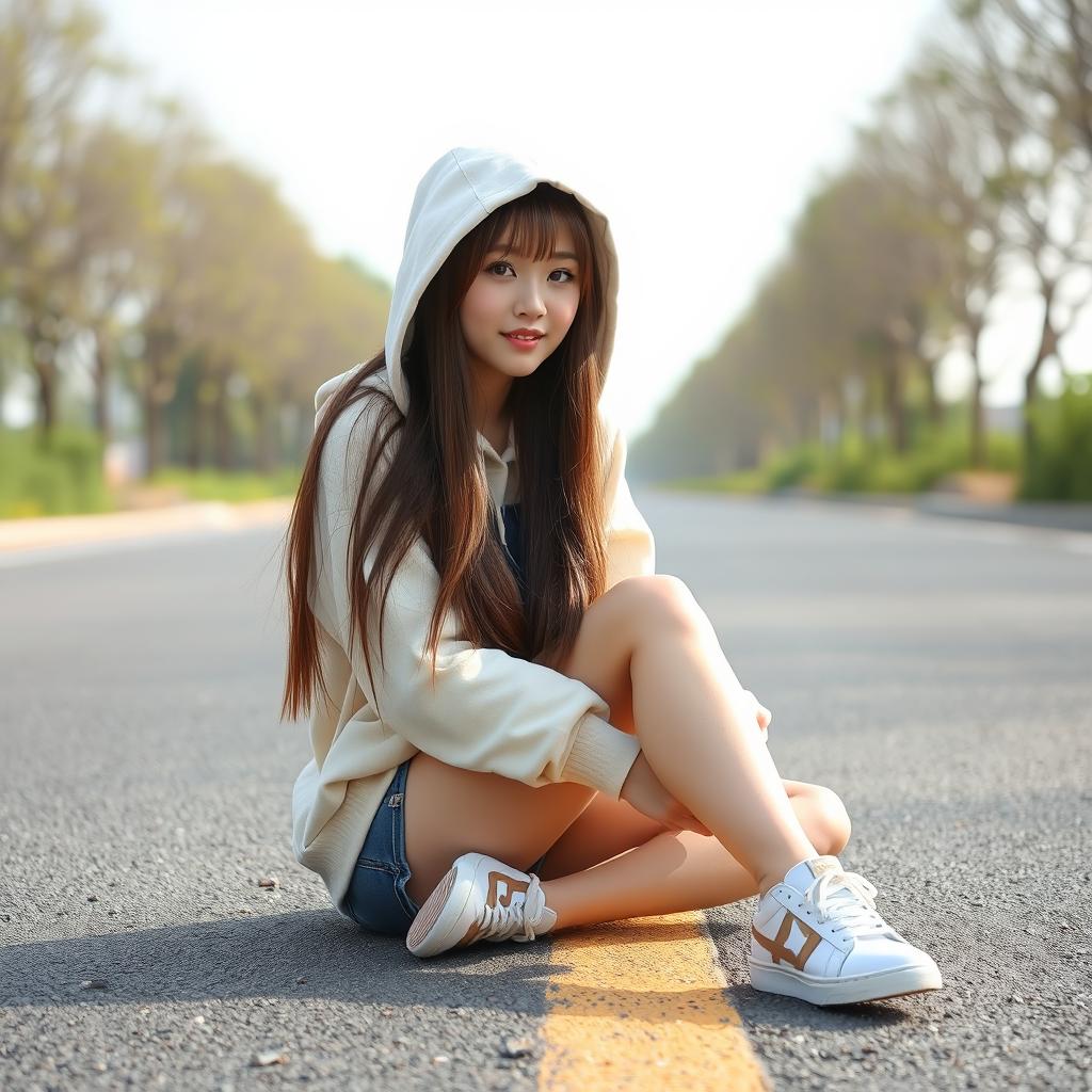 A beautiful Korean woman with long, straight brown hair, wearing a cream-colored hoodie with the hood up, paired with shorts and sneakers