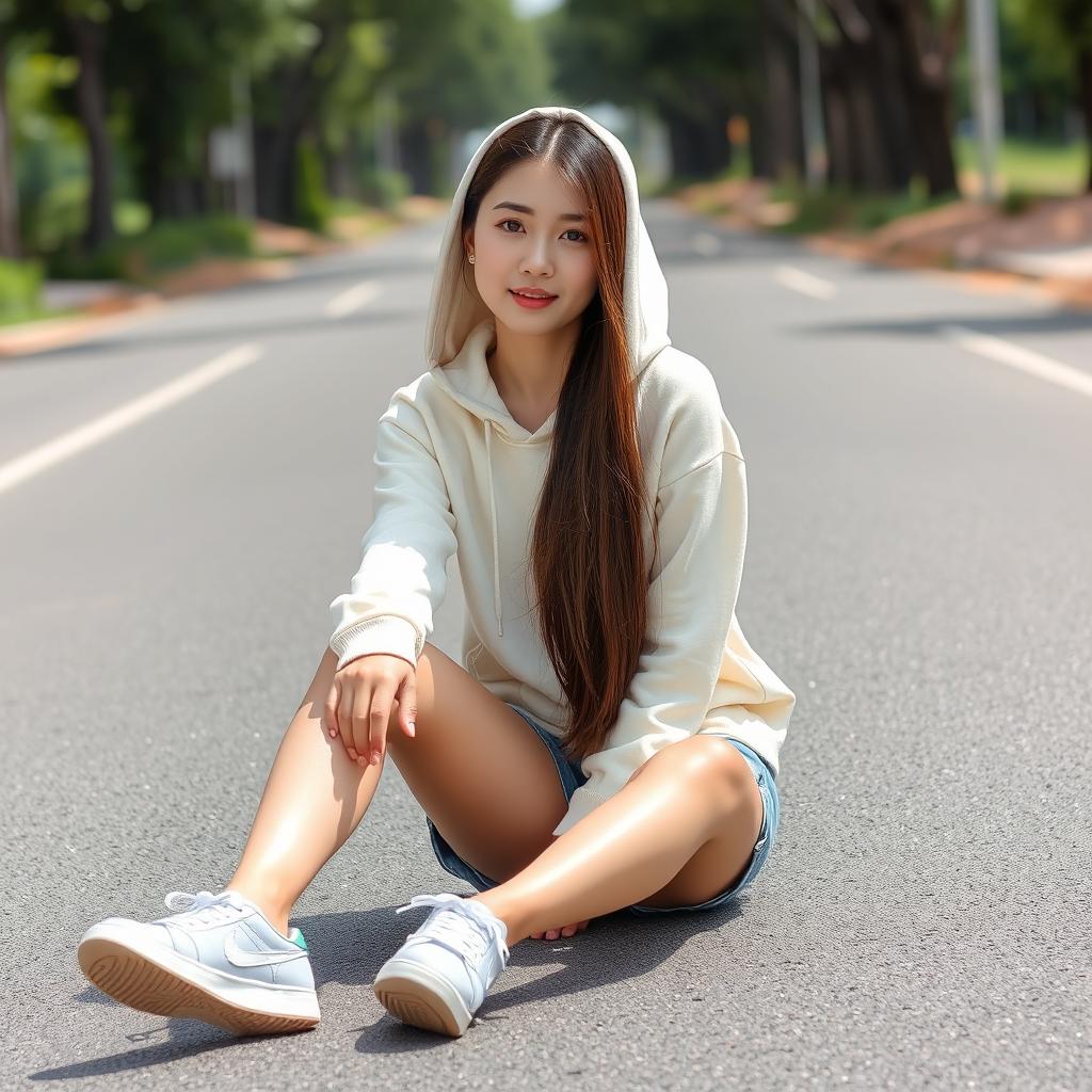 A beautiful Korean woman with long, straight brown hair, wearing a cream-colored hoodie with its hood up, shorts, and sneakers