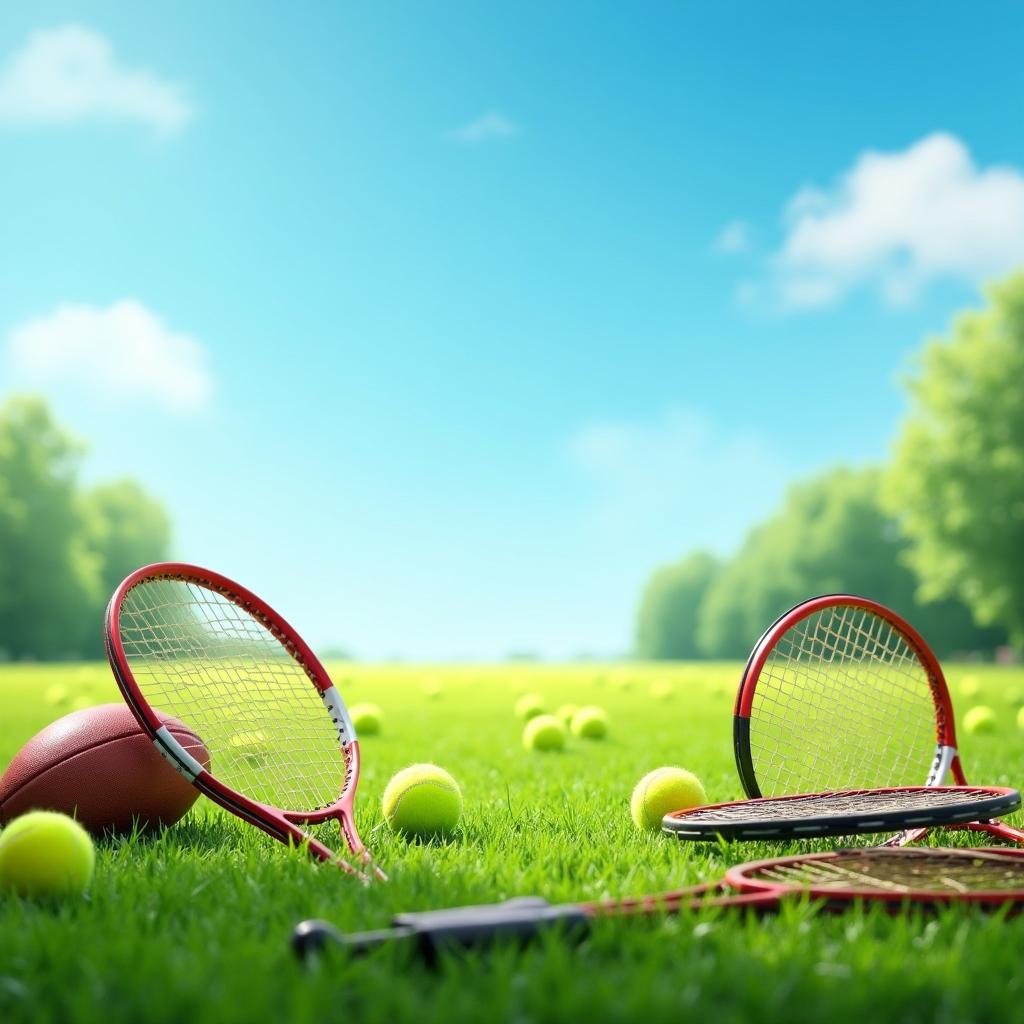A lively outdoor scene depicting a vibrant green grass field, filled with various sports equipment