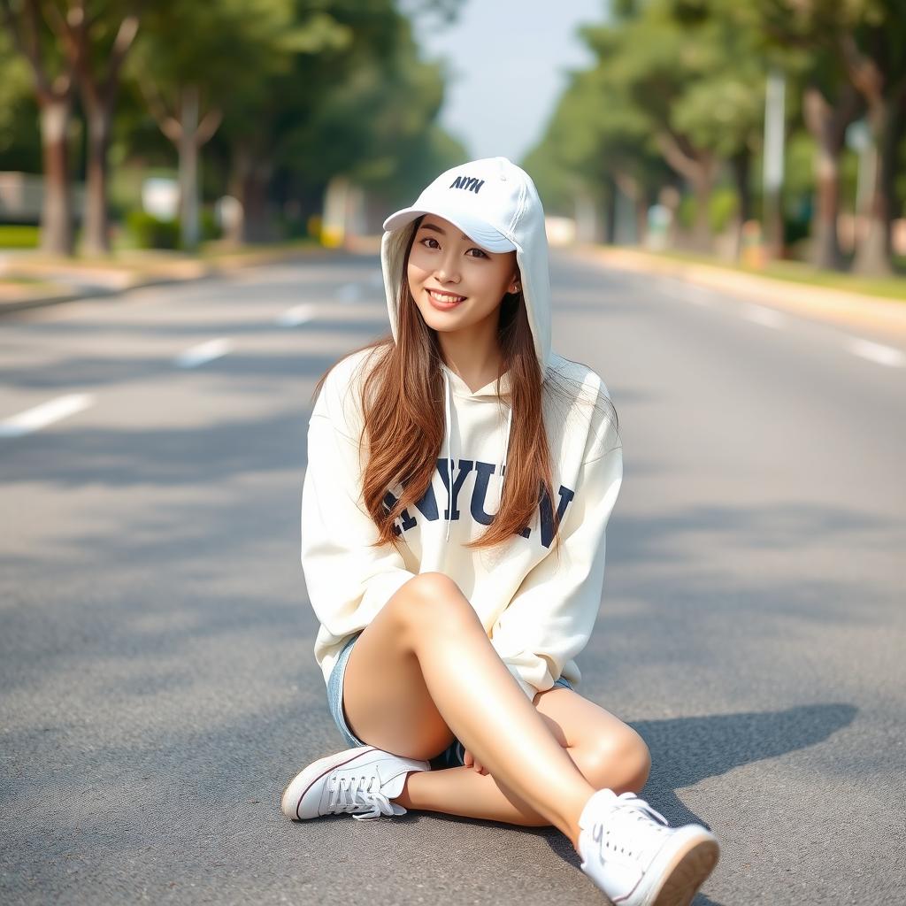 A beautiful Korean woman with long, straight brown hair is wearing a cream-colored hoodie featuring the word "ANYUN" in capital letters