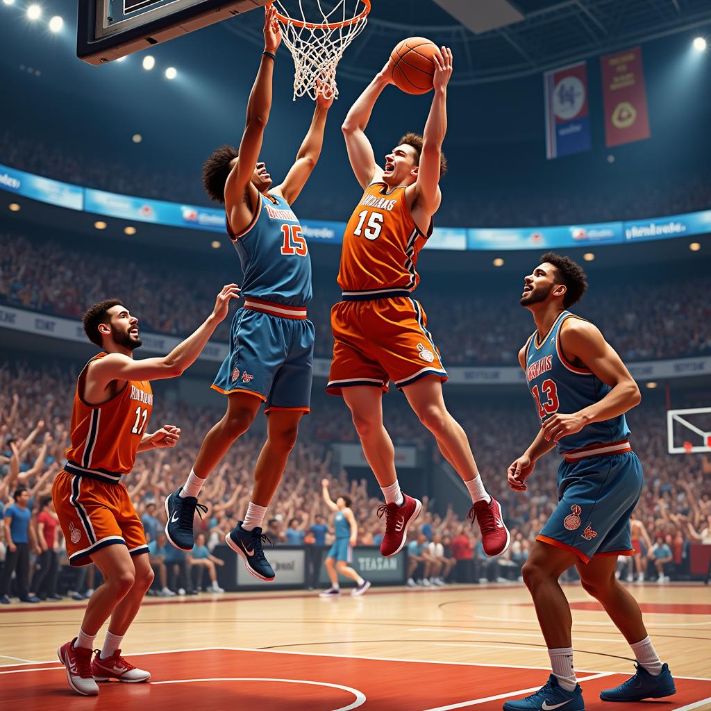 A dynamic scene of athletes in the middle of a high-energy basketball game, showcasing players jumping for a slam dunk, intense facial expressions, and action-packed movements
