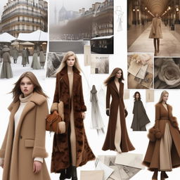 Create a winter mood board for a high-fashion collection inspired by 'Emily in Paris'. Include diverse, sketched models facing the camera, intricate line drawings, sketches, color story and fabric inspiration. The theme should be rich and elegant.