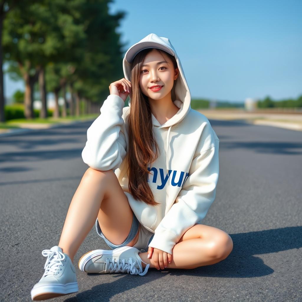 A beautiful Korean woman with long straight brown hair, wearing a cream hoodie with the word "Anyun" in capital letters, her hoodie cap on