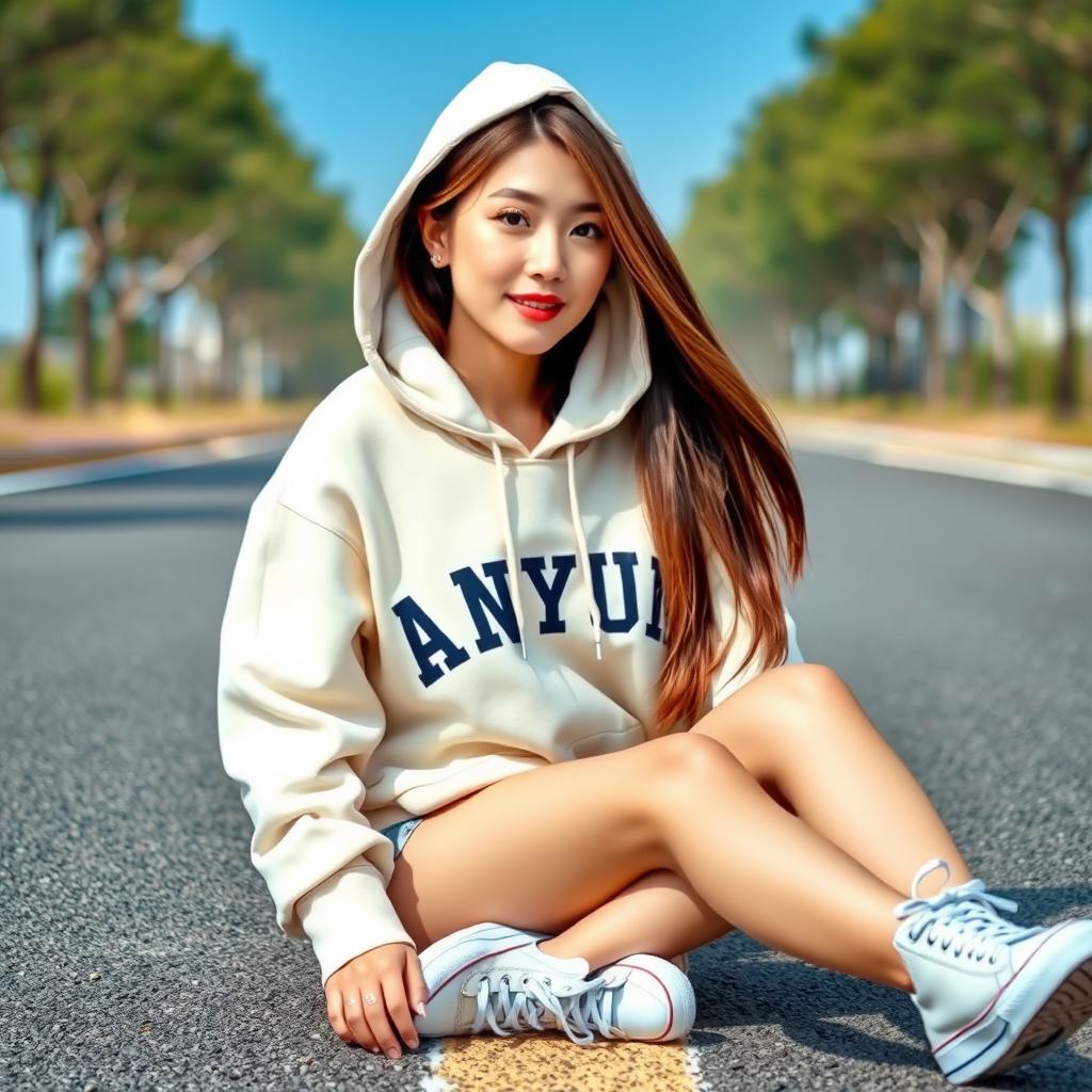 A beautiful Korean woman with long, straight brown hair, wearing a cream-colored hoodie featuring the text 'ANYUN' in capital letters