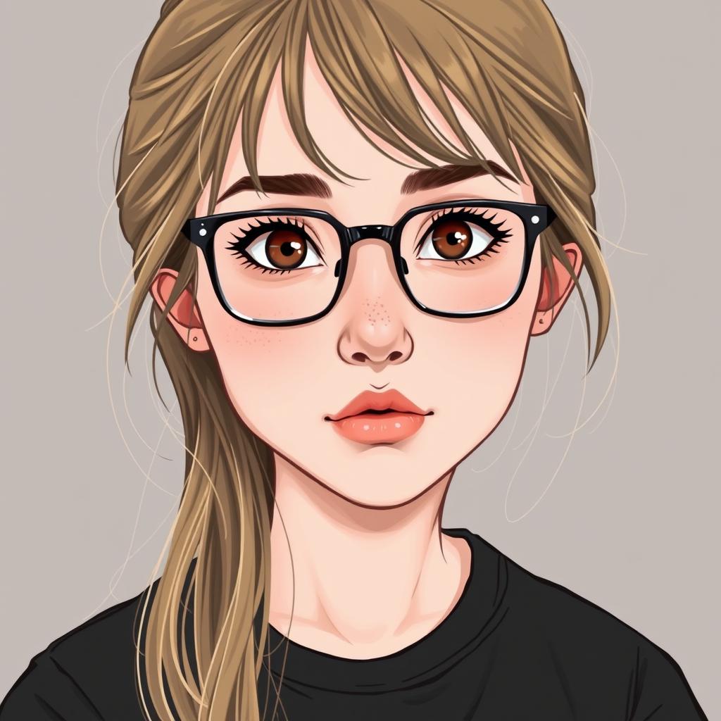 A realistic portrait illustration of a young woman, around 20-22 years old, with a round, slightly chubby face