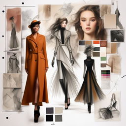 Create a winter mood board for a high-fashion collection inspired by 'Emily in Paris'. Include diverse, sketched models facing the camera, intricate line drawings, sketches, color story and fabric inspiration. The theme should be rich and elegant.