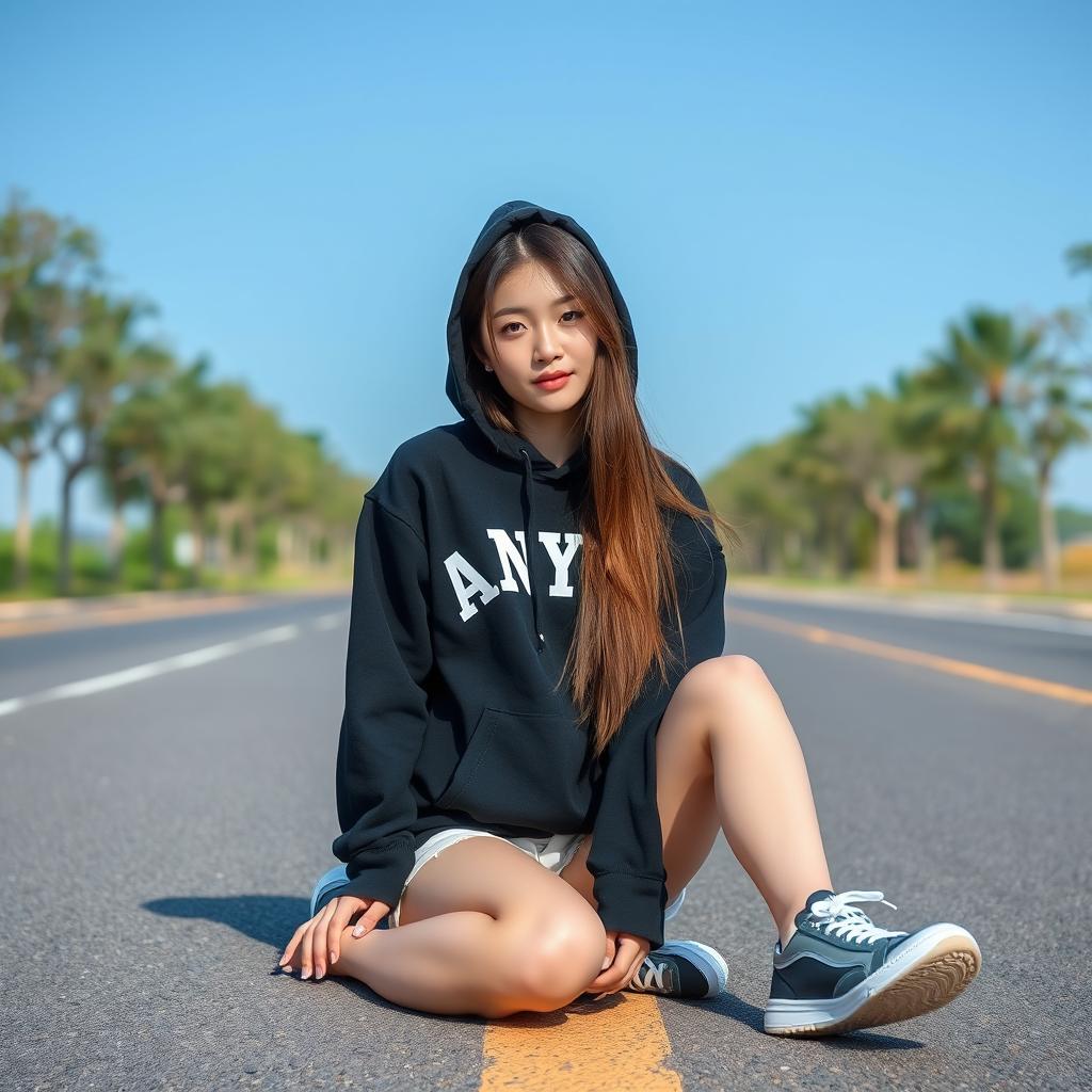 A beautiful Korean woman with long straight brown hair, wearing a black hoodie with the capital letters "ANYUN" on it