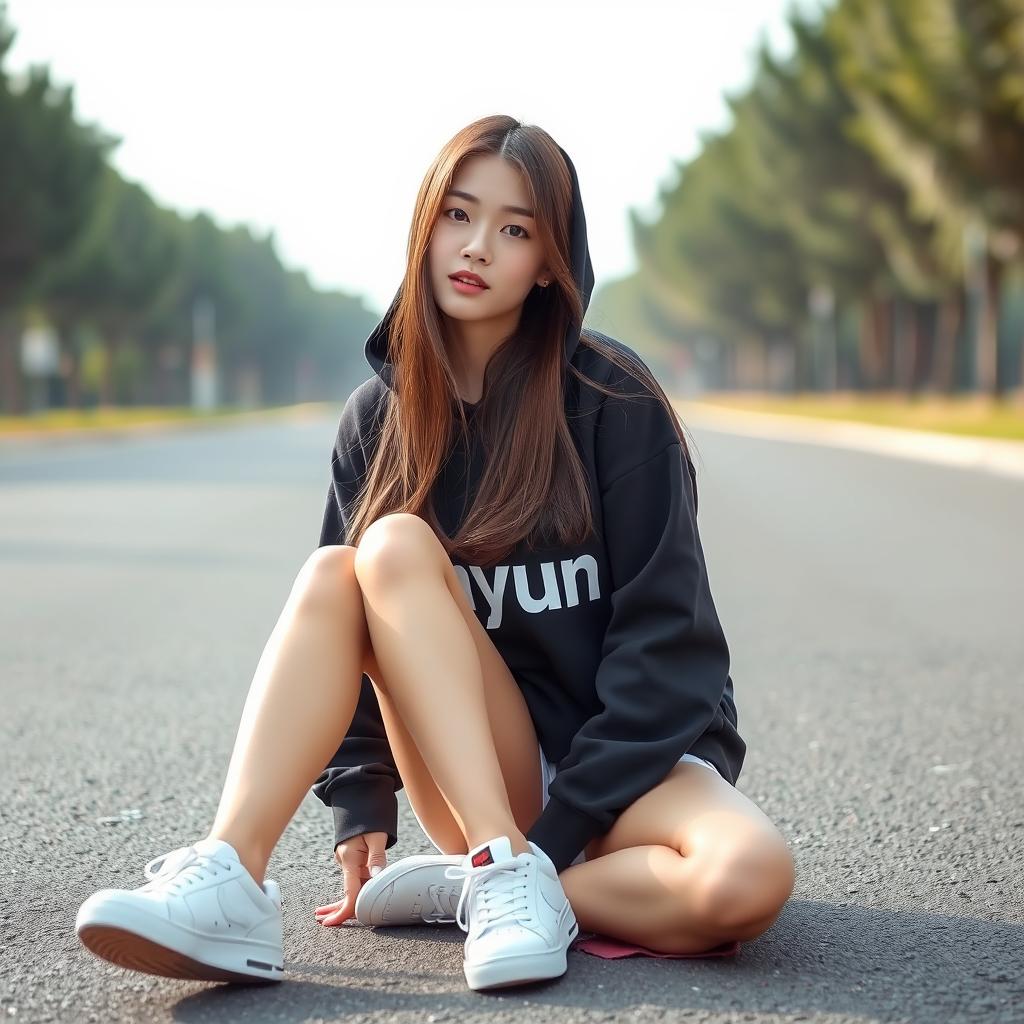 A beautiful Korean woman with long, straight brown hair wearing a black hoodie featuring the capital text "Anyun"