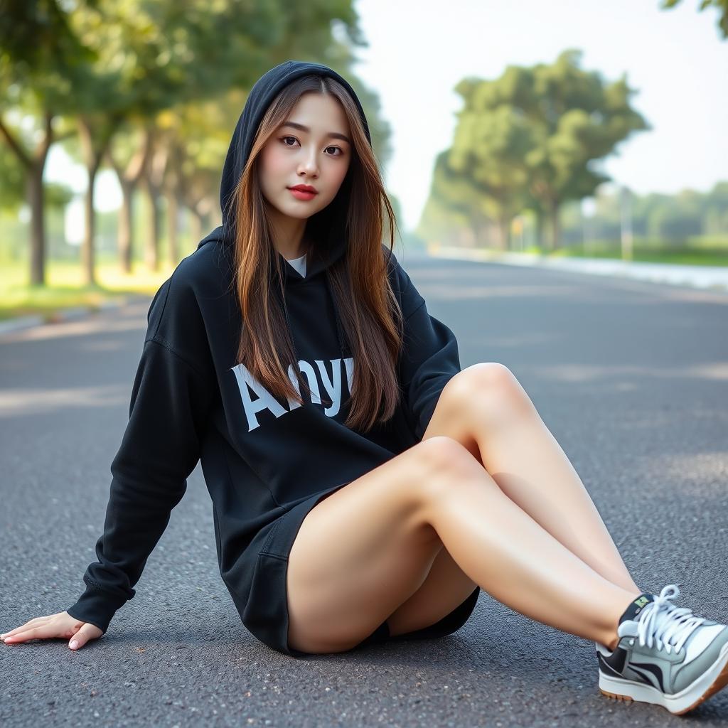A beautiful Korean woman with long straight brown hair, wearing a black hoodie with the word "Anyun" in capital letters, with the hood of her hoodie up