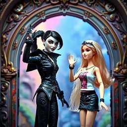 A gothic Barbie confidently raises one hand in a defiant gesture and slaps a surprised blonde Barbie, capturing her dramatic reaction