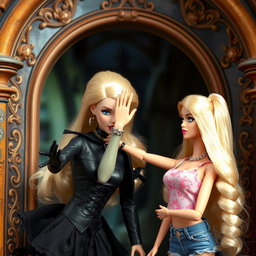 A gothic Barbie confidently raises one hand in a defiant gesture and slaps a surprised blonde Barbie, capturing her dramatic reaction