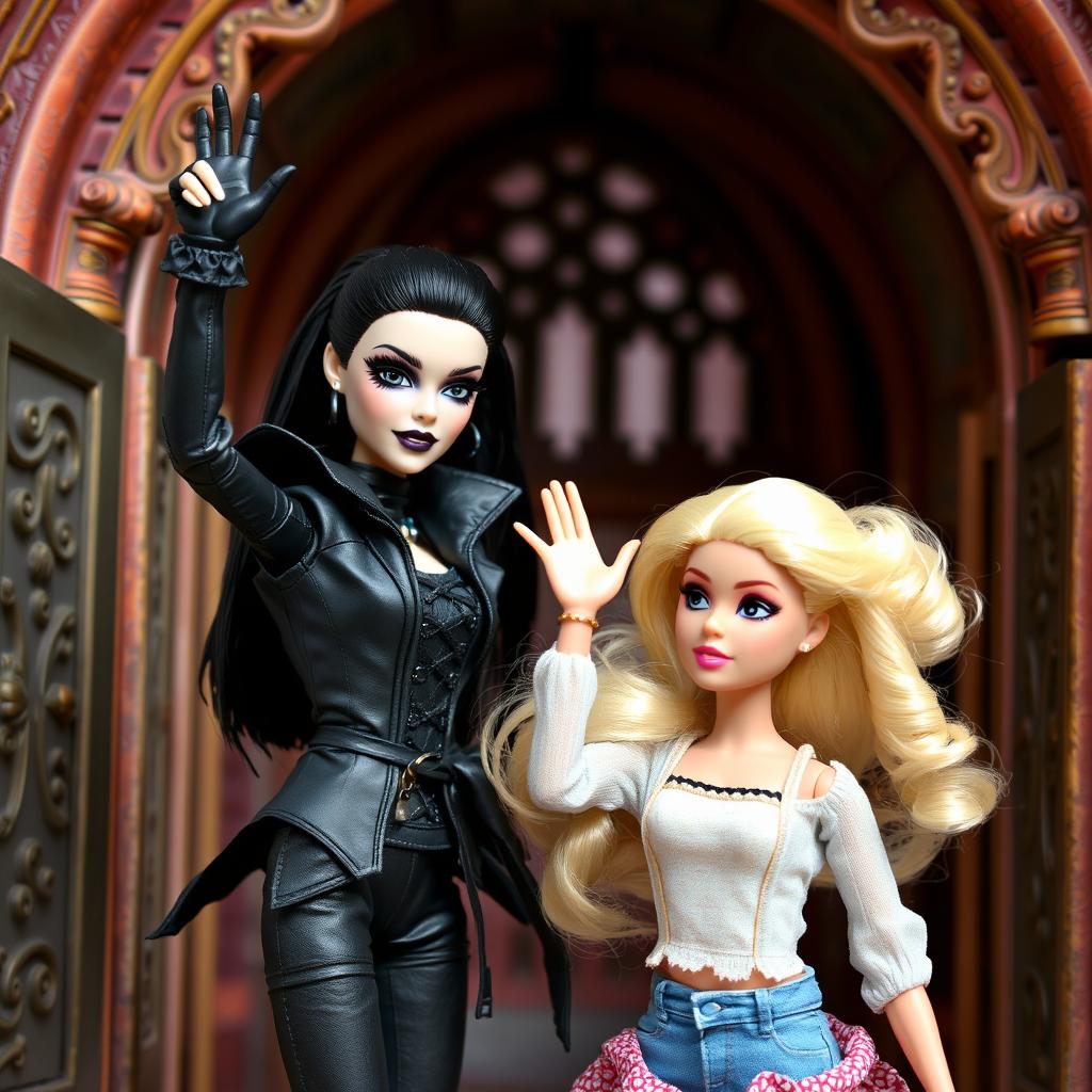 A gothic Barbie confidently raises one hand in a defiant gesture and slaps a surprised blonde Barbie, capturing her dramatic reaction