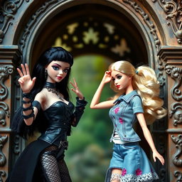 A gothic Barbie confidently raises one hand in a defiant gesture and slaps a surprised blonde Barbie, capturing her dramatic reaction
