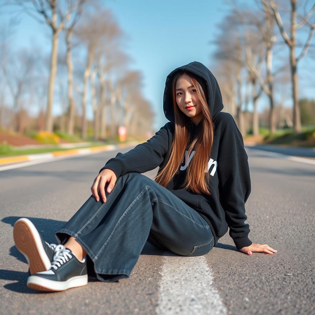 A beautiful Korean woman with long, straight, brown hair, wearing a black hoodie emblazoned with the word "Anyun" in capital letters