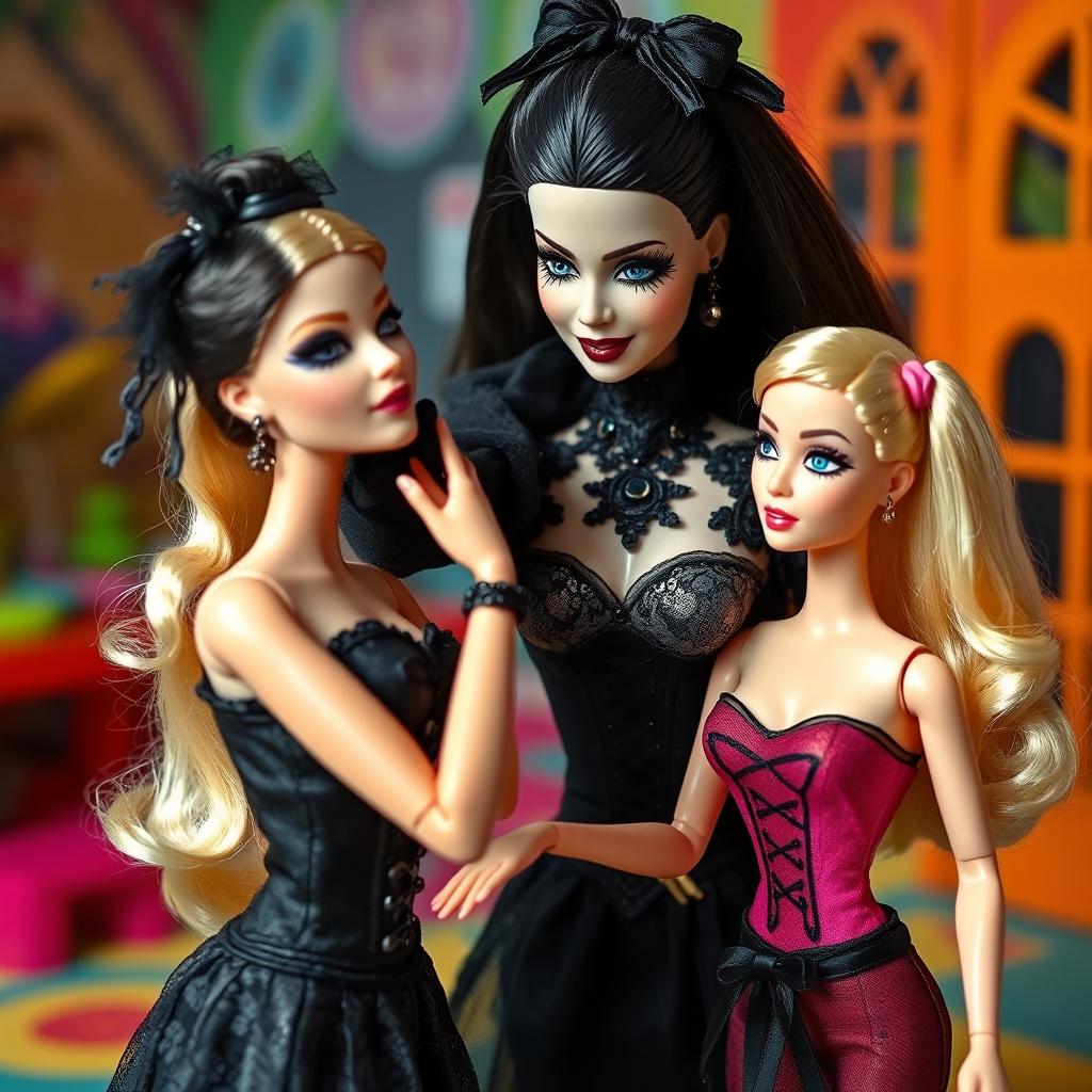 A gothic Barbie delivering a slap to her shocked blonde Barbie friend, capturing the moment's intensity
