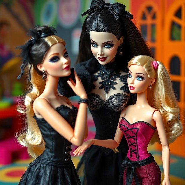 A gothic Barbie delivering a slap to her shocked blonde Barbie friend, capturing the moment's intensity
