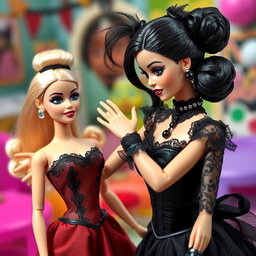 A gothic Barbie delivering a slap to her shocked blonde Barbie friend, capturing the moment's intensity