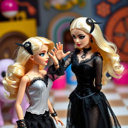 A gothic Barbie delivering a slap to her shocked blonde Barbie friend, capturing the moment's intensity