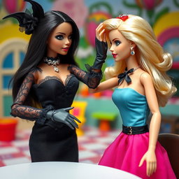 A gothic Barbie delivering a slap to her shocked blonde Barbie friend, capturing the moment's intensity