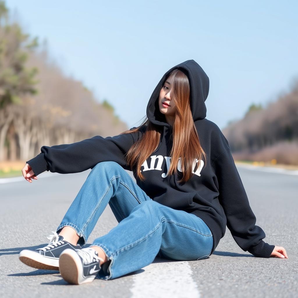 A beautiful Korean woman with long straight brown hair, wearing a black hoodie featuring capital letters "Anyun", her hoodie hood is up