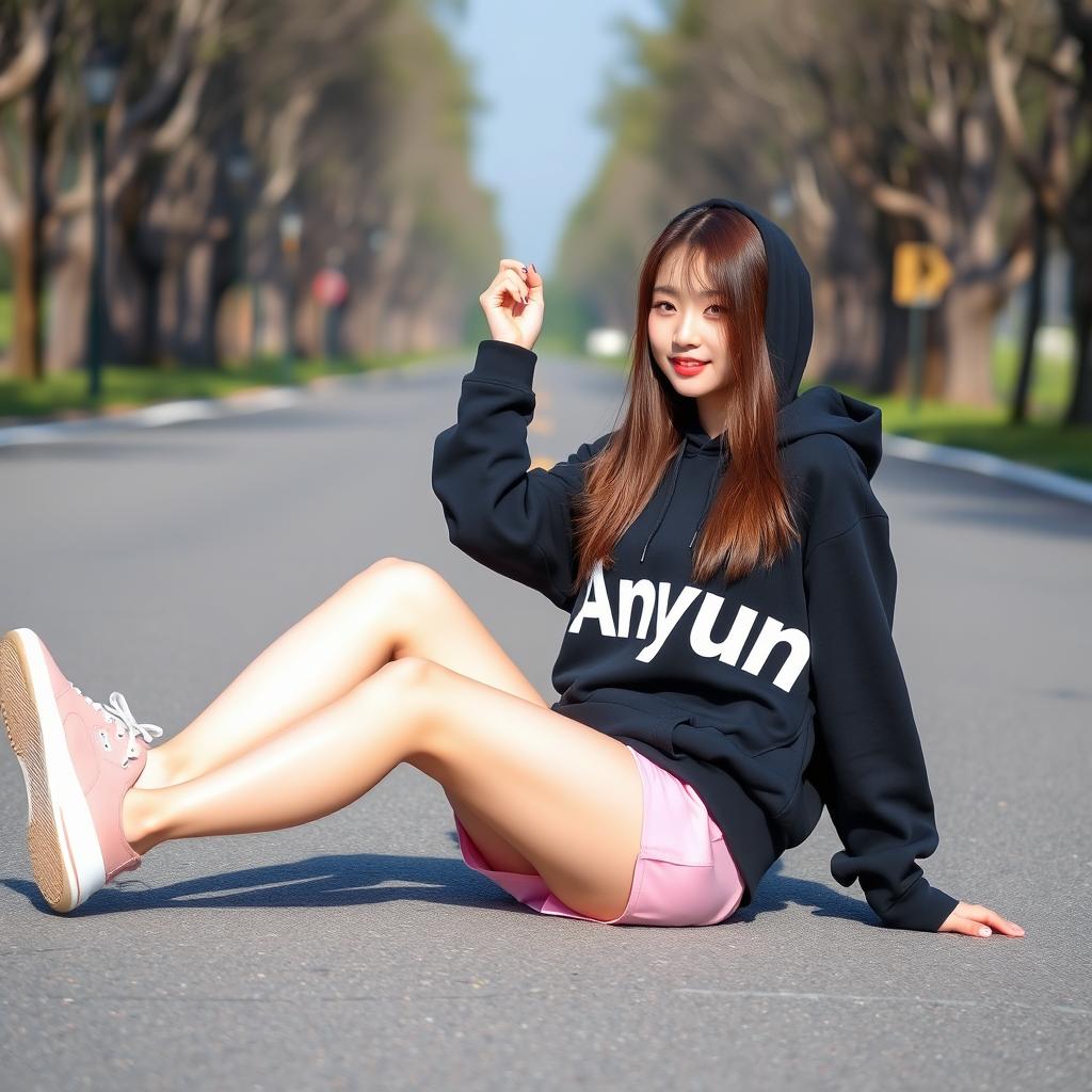 A beautiful Korean woman with long, straight brown hair, wearing a black hoodie with the word "Anyun" in capital letters