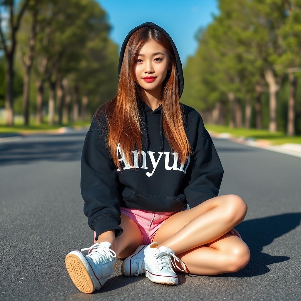 A beautiful Korean woman with long, straight, chestnut-colored hair, wearing a black hoodie with the capitalized text 'Anyun'