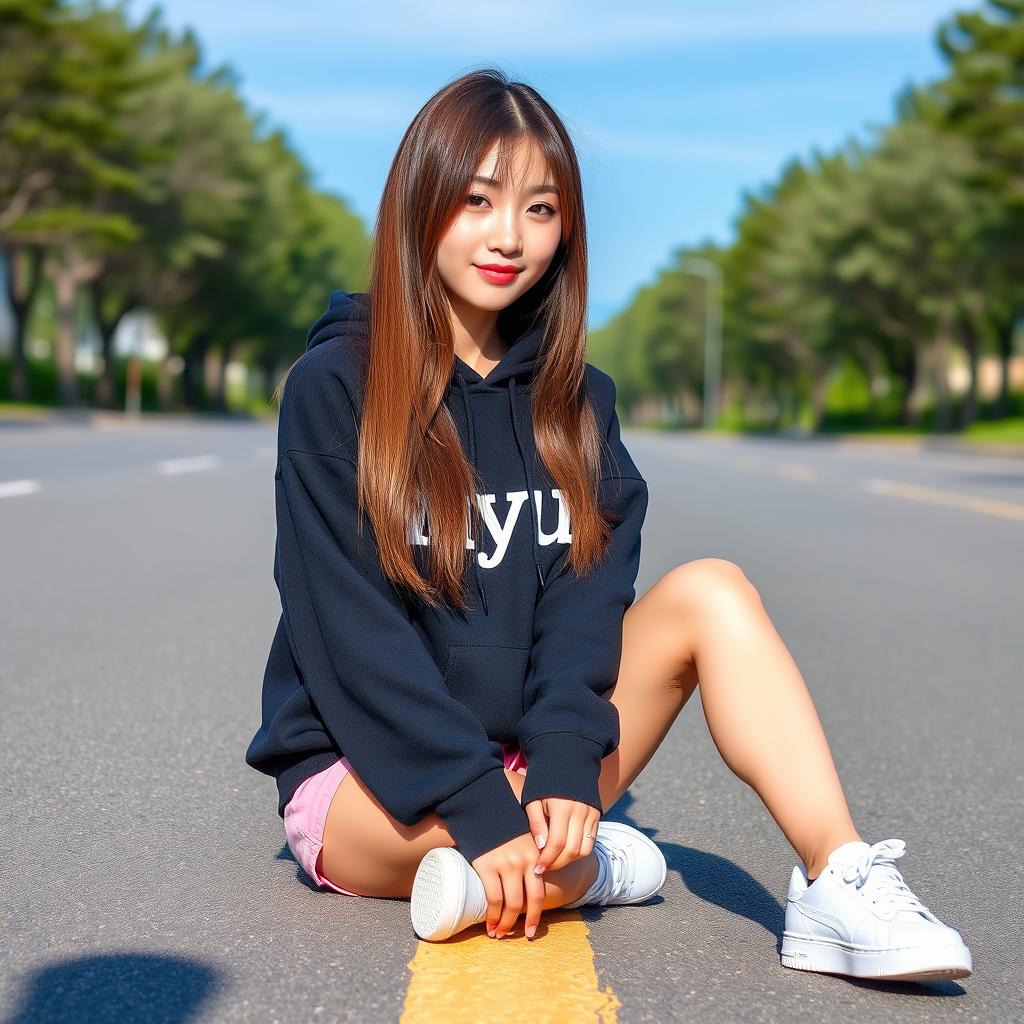 A beautiful Korean woman with long straight brown hair, wearing a black hoodie with the word "Anyun" in capital letters, with the hood up