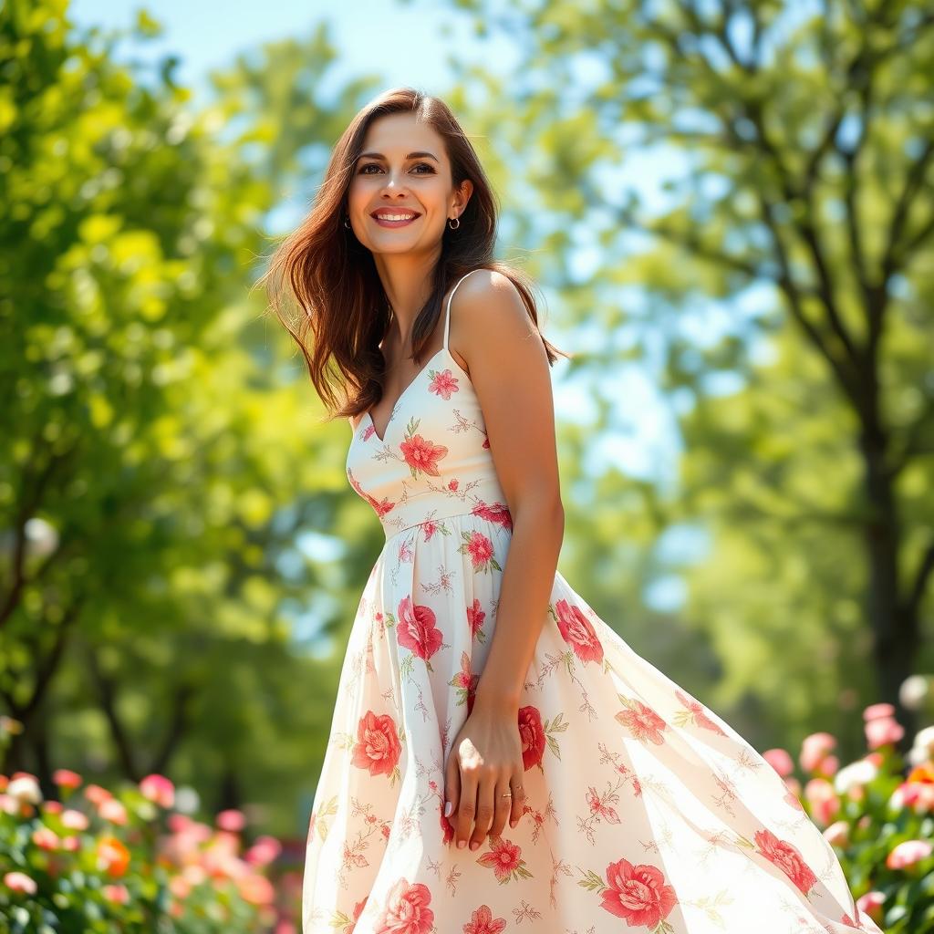 A stylish woman wearing an elegant summer dress, standing in a sunlit park surrounded by blooming flowers