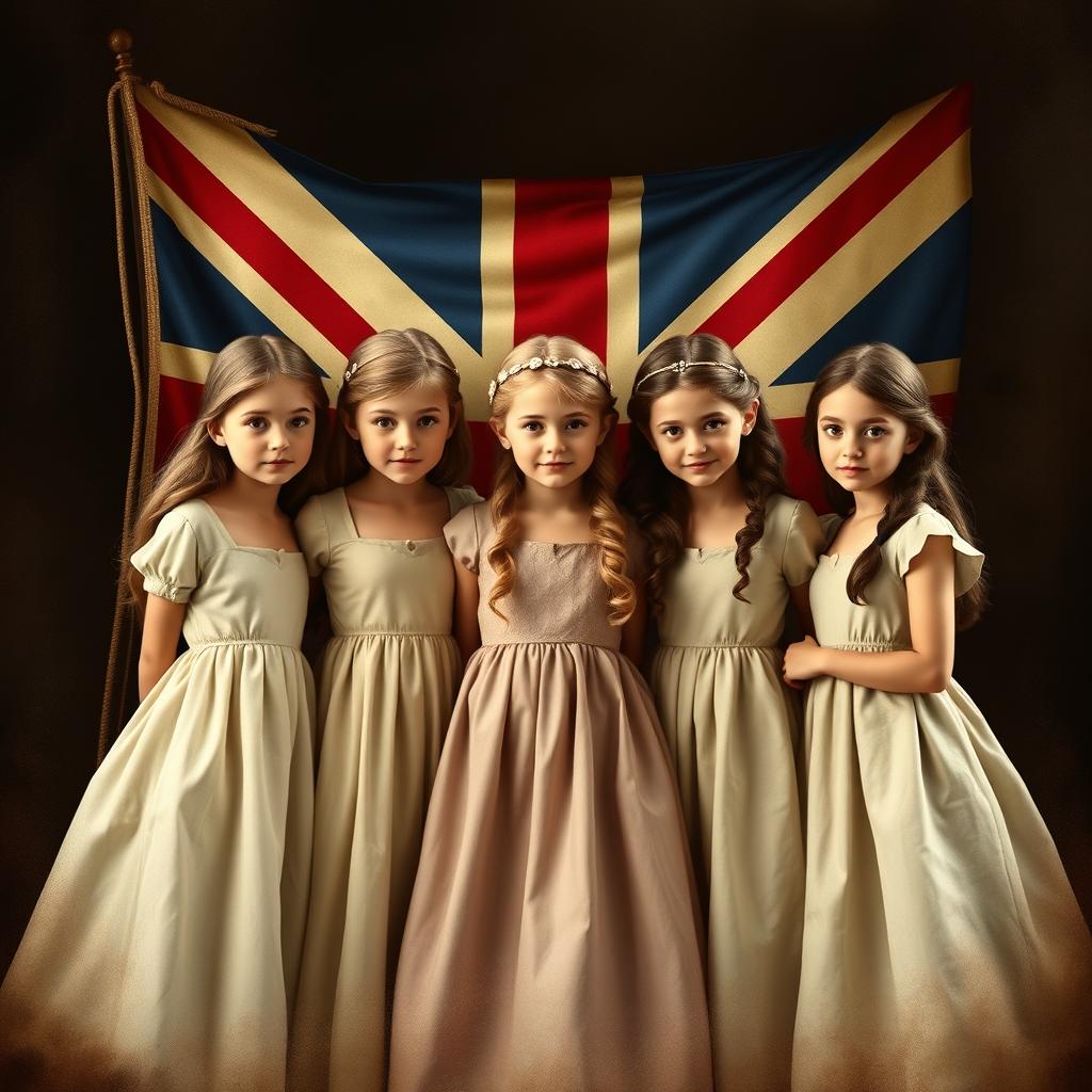 An enchanting book cover design with an aged, vintage look, featuring five teenage girls with realistic features, each portrayed as a princess wearing simple yet elegant dresses