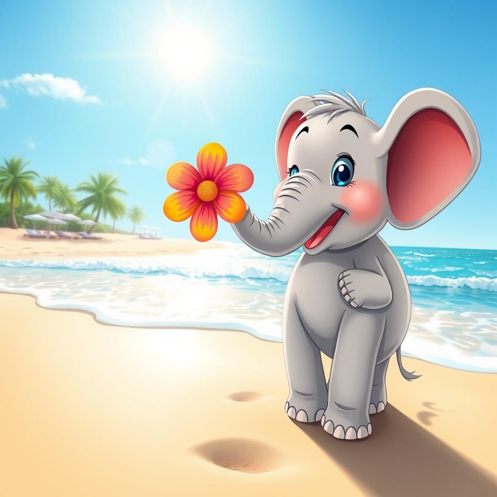 A whimsical scene featuring a cute elephant with tiny ears playfully holding a colorful flower in its trunk while standing on a sandy beach