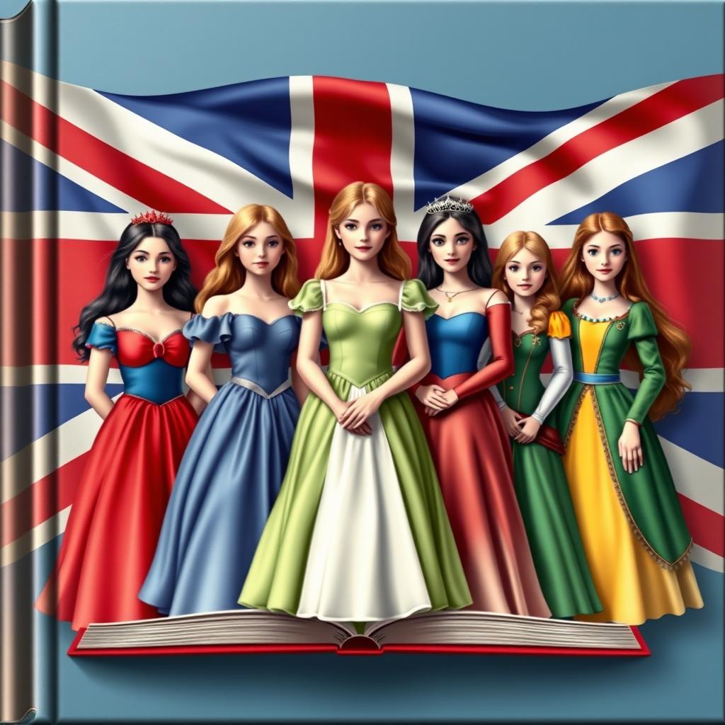 An enchanting book cover design featuring five teenage girls with realistic features, each portrayed as princesses in simple yet elegant dresses