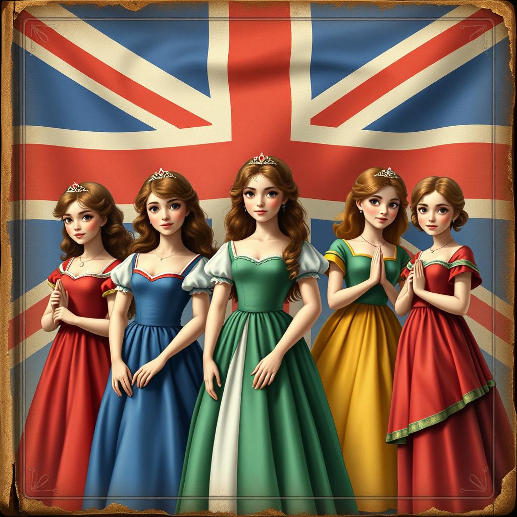 An enchanting vintage-style book cover design featuring five teenage girls with realistic features, depicted as princesses in simple yet elegant dresses
