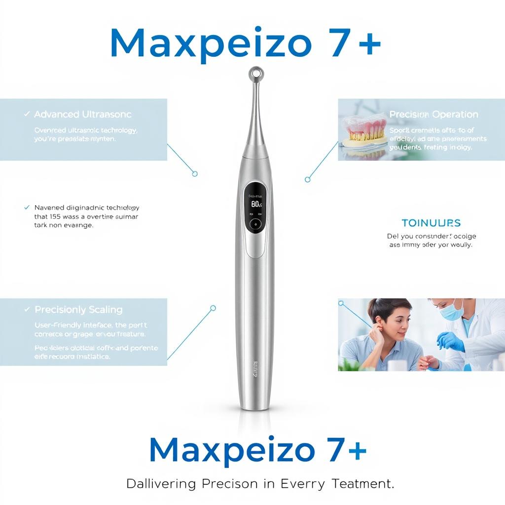 A sleek and modern poster design for the "Maxpiezo 7+ Scaler Refine Medical" device, showcasing its advantages