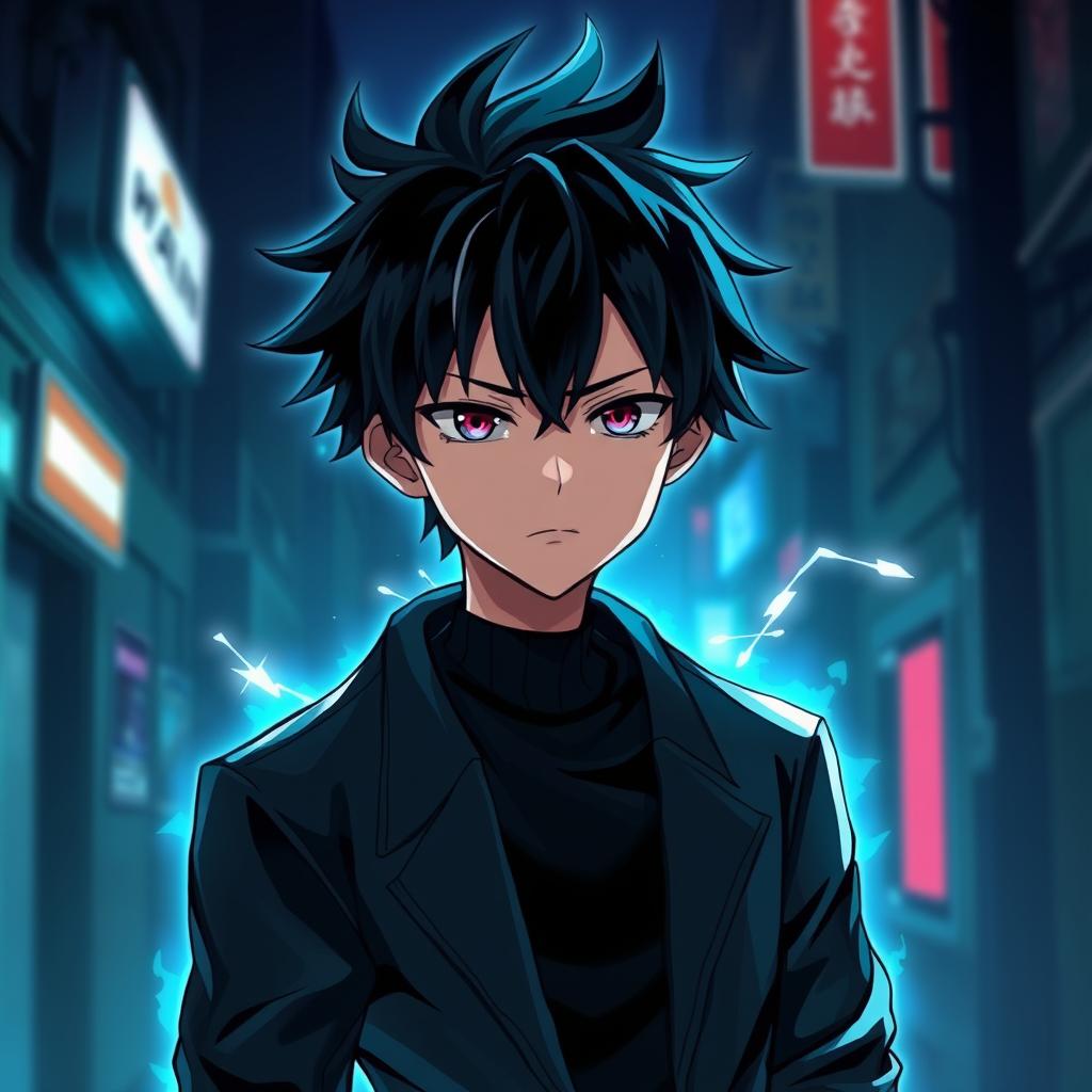 An anime boy with jet black hair styled in a spiky manner, wearing fitted black clothing that reflects a cool and edgy aesthetic