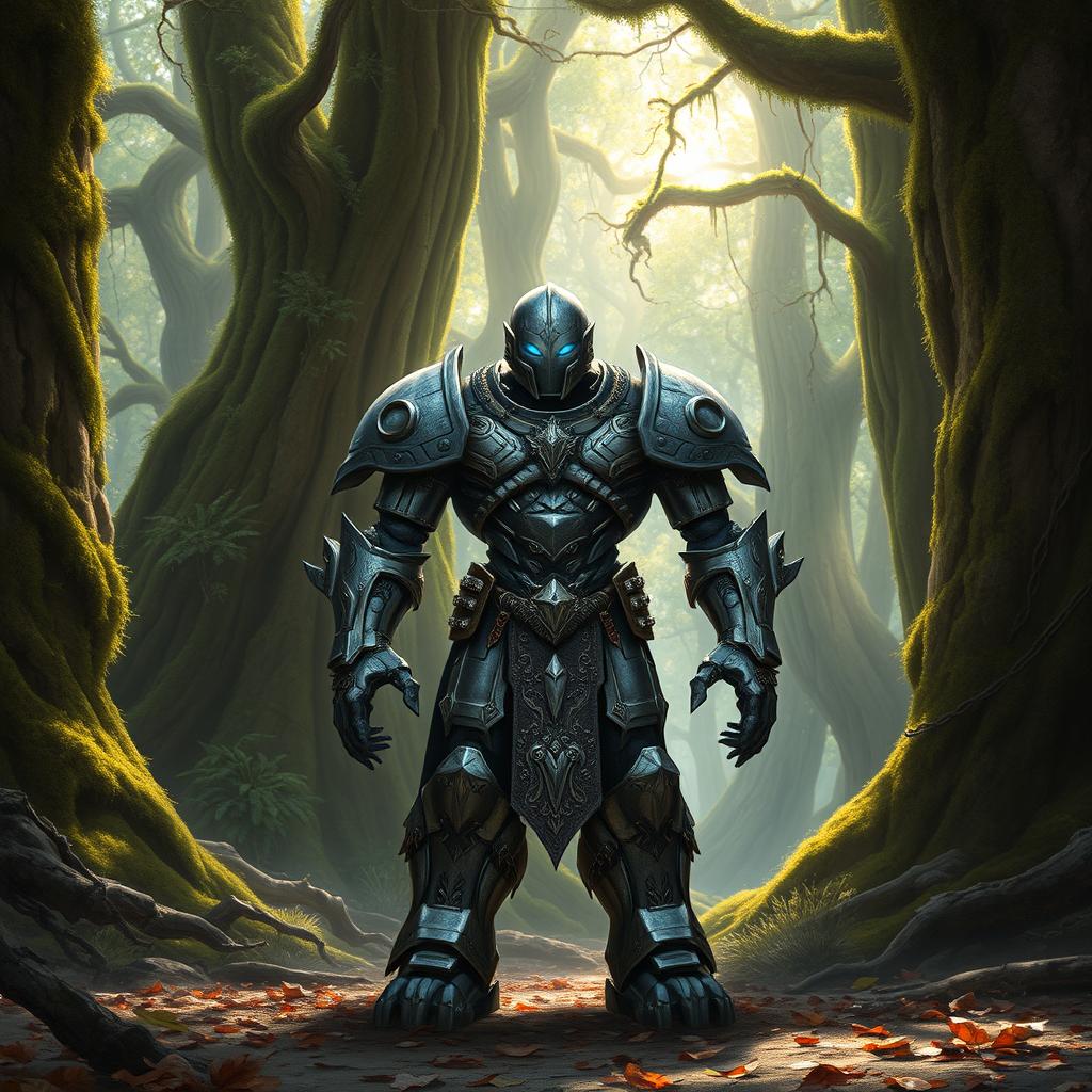 A Warforged warrior standing proudly in an ancient, overgrown forest