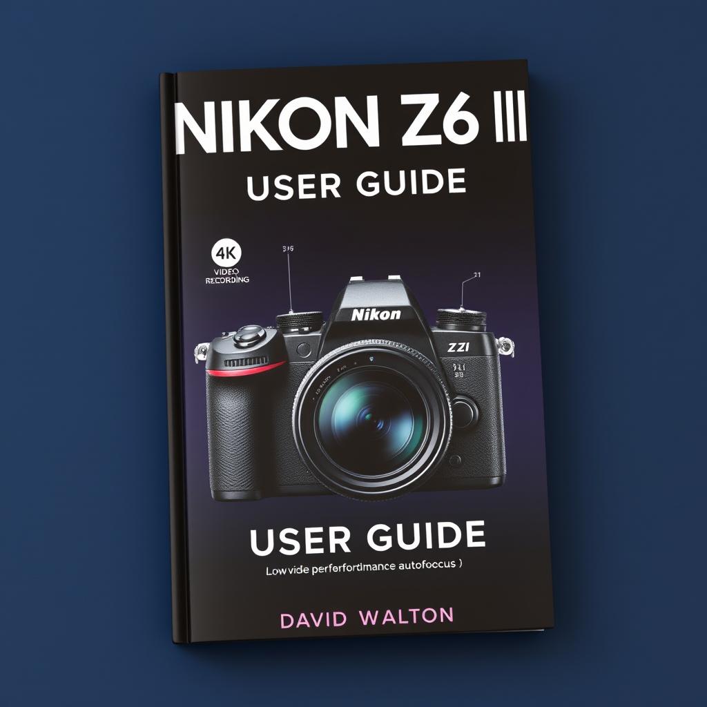 A comprehensive and visually appealing book cover for a user guide titled 'NIKON Z6 III USER GUIDE' by David Walton