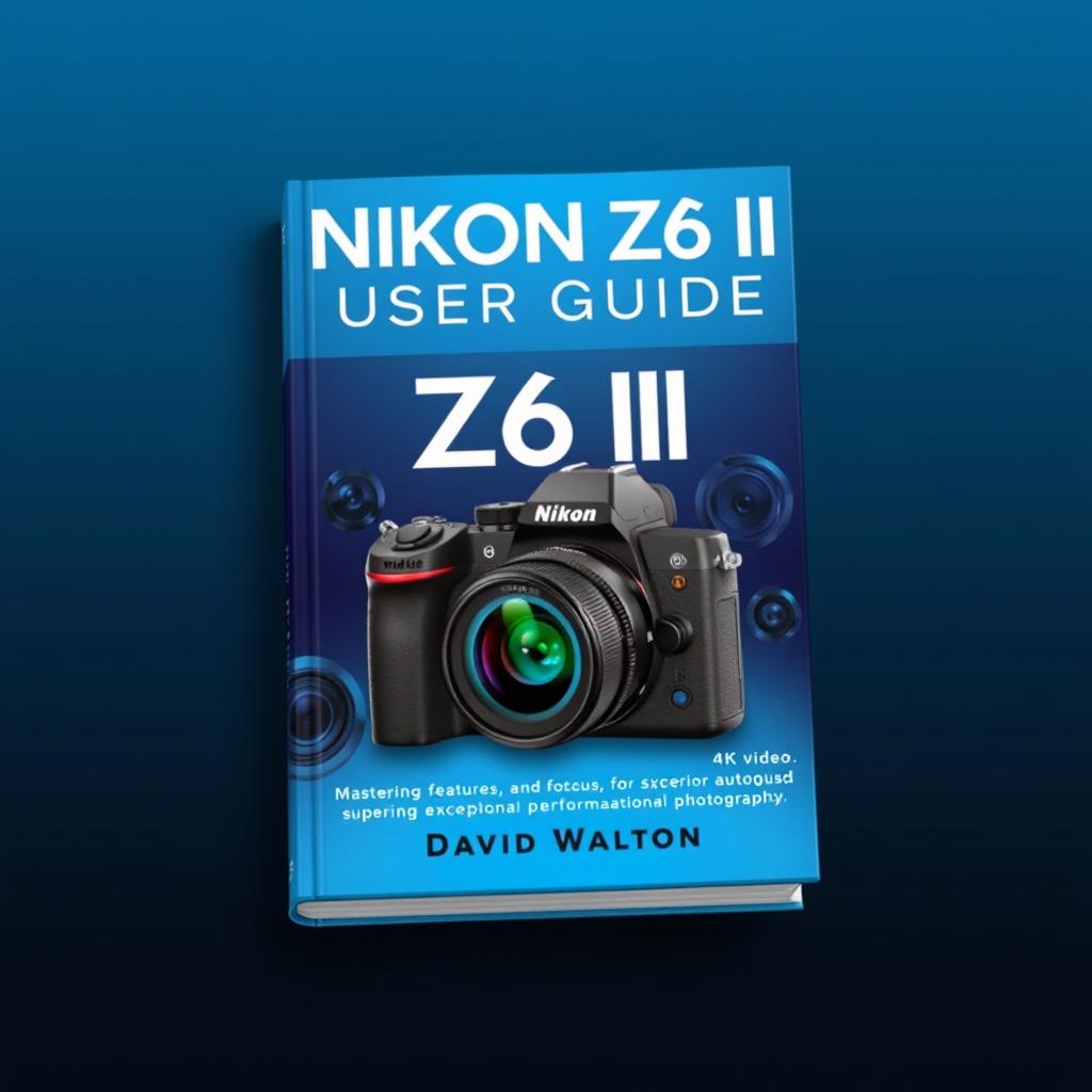 A sleek and informative book cover design for 'NIKON Z6 III USER GUIDE' by David Walton, with a focus on mastering features and functions for exceptional photography