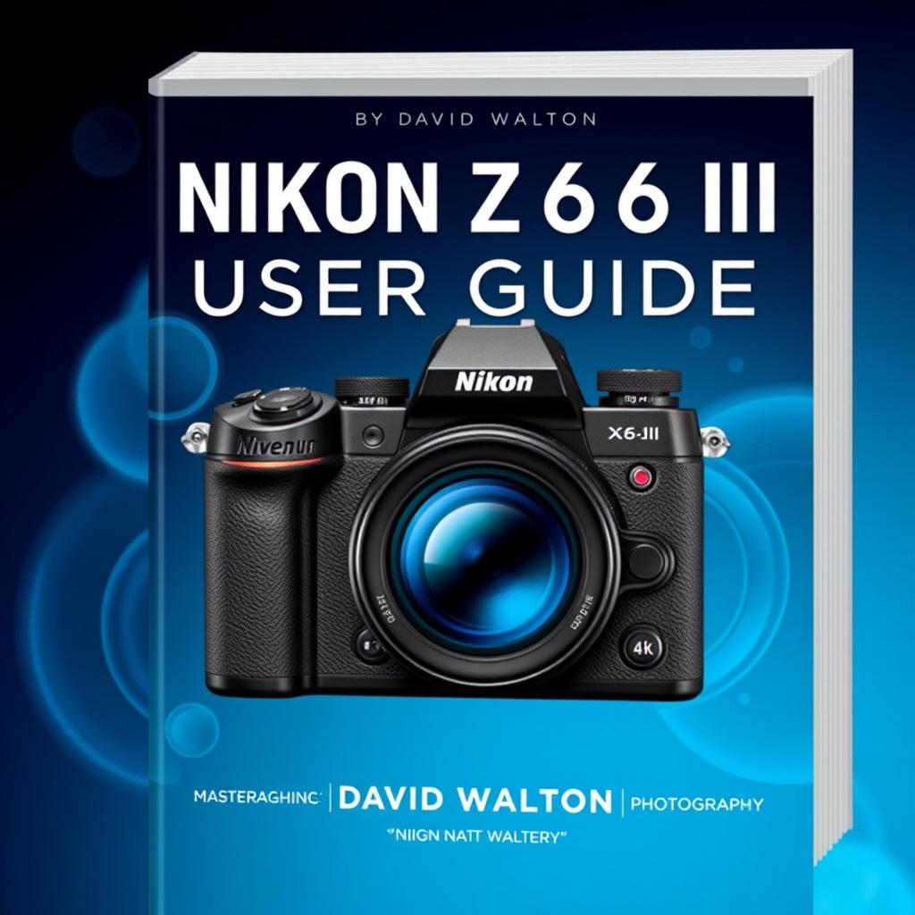 An elegant and informative book cover design for 'NIKON Z6 III USER GUIDE' by David Walton, focusing on mastering features and functions for exceptional photography
