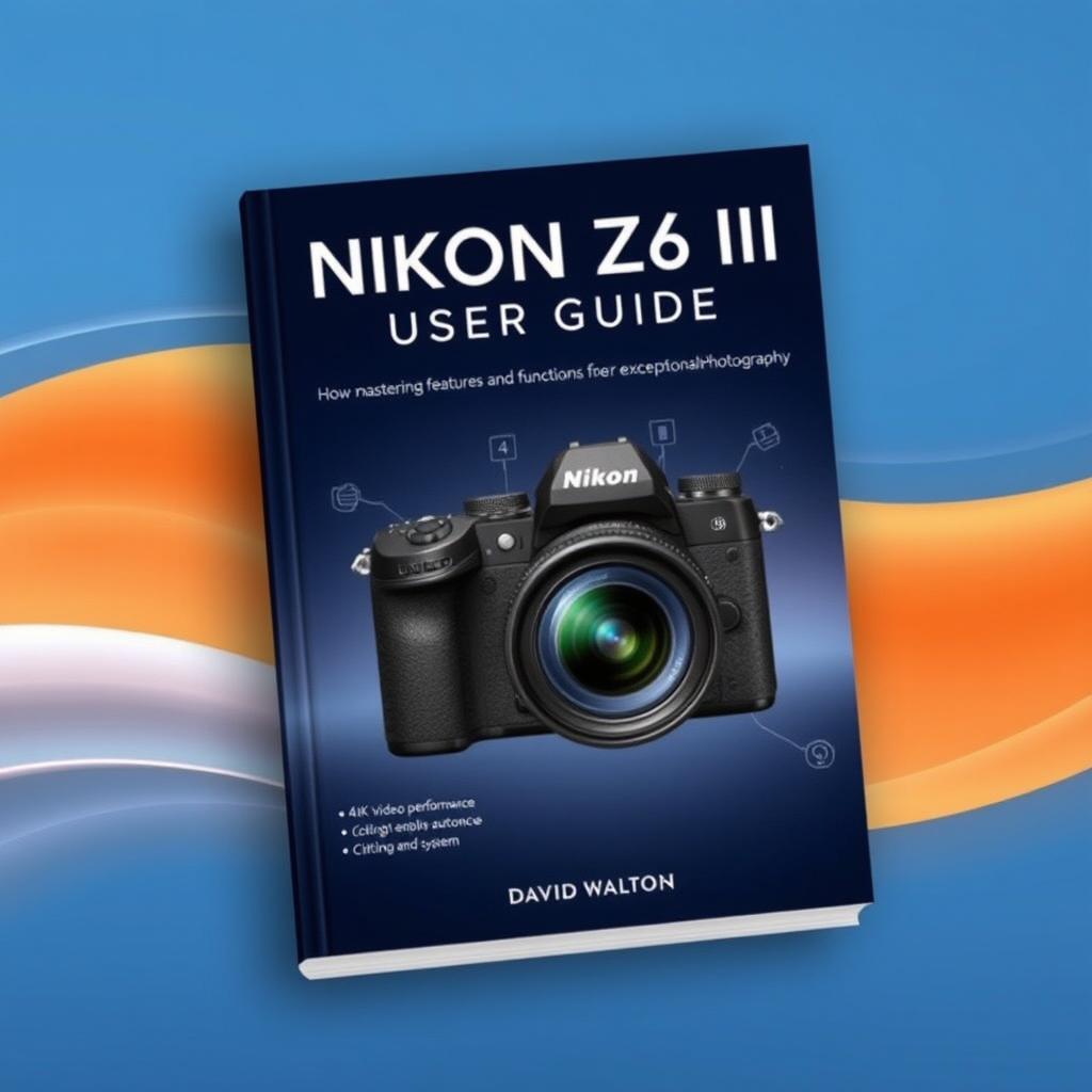 An elegant and engaging book cover for 'NIKON Z6 III USER GUIDE' by David Walton, focusing on mastering features and functions for exceptional photography