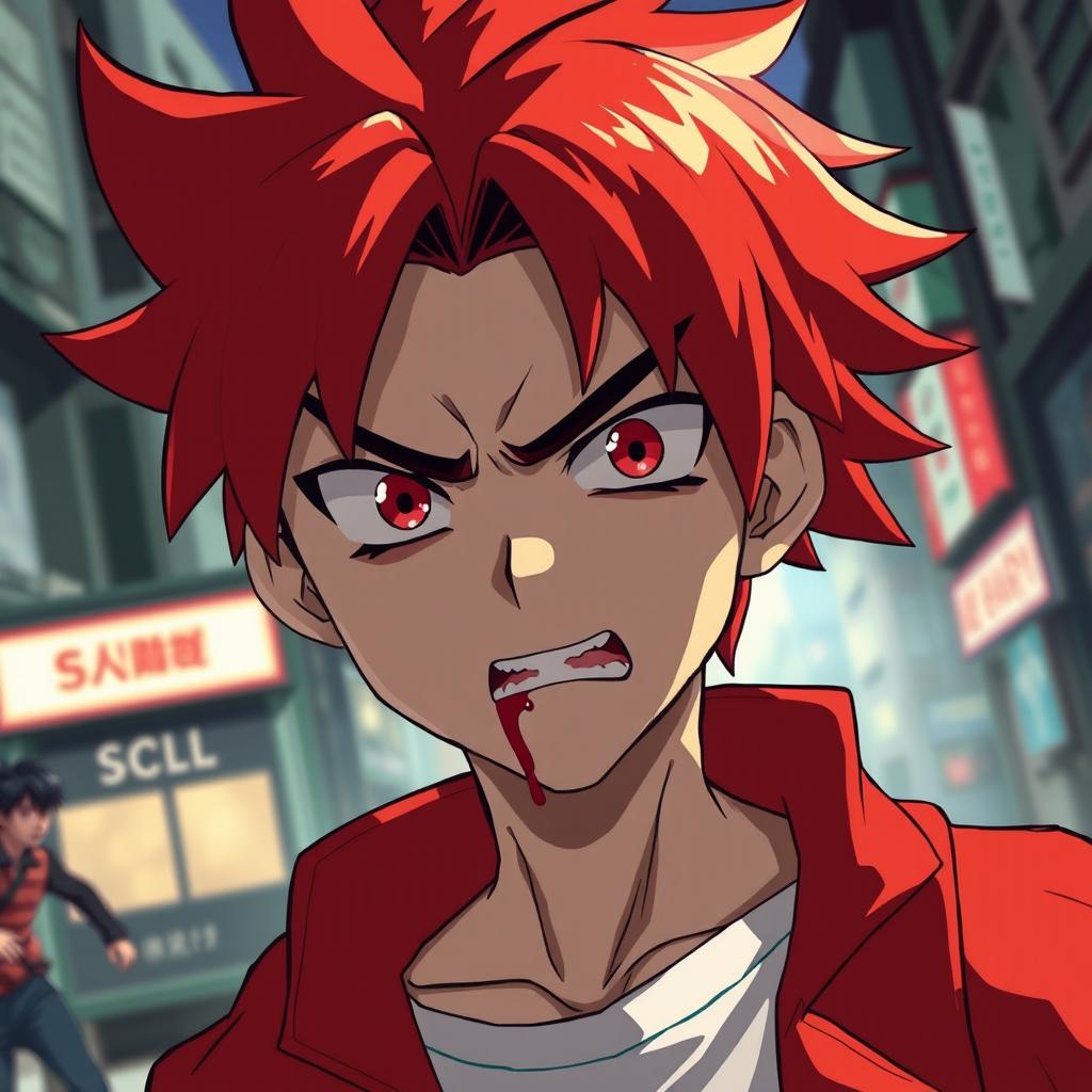 A stylized anime boy with vibrant red hair, expressing annoyance with a frustrated expression